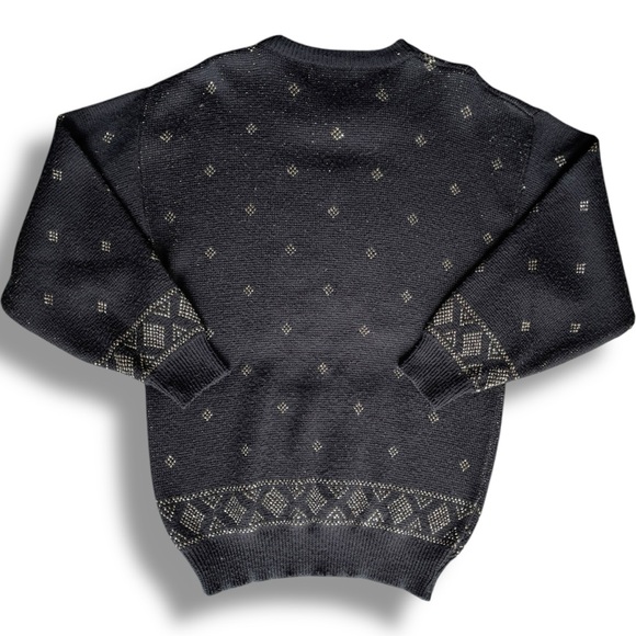 Black Gold Embellished Sweater Women’s M Pullover Argyle Metallic Emblem Sequins - Picture 6 of 7